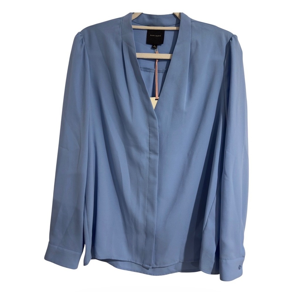 Alex Marie Karen V Neck Blouse Cornflower Blue Long Sleeve Button Front Womens L